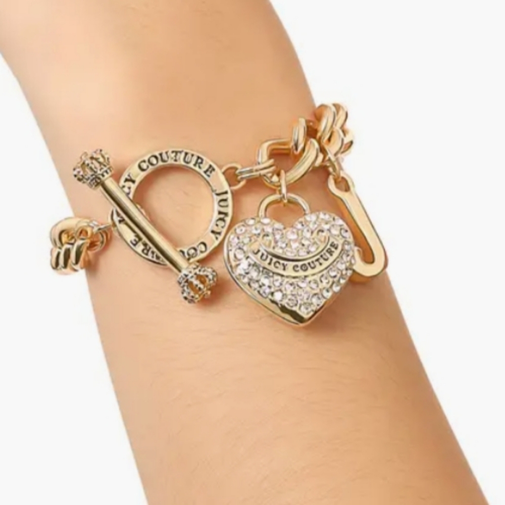 Juicy Couture Gold Rhinestone Heart Charm Toggle Bracelet 7.5 - Picture 3 of 4